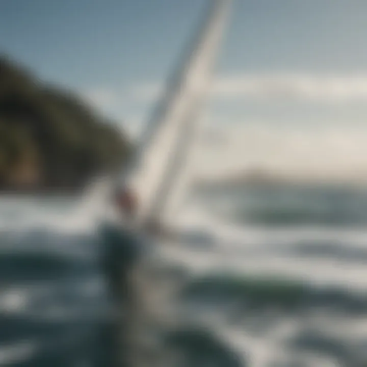 Paddleboarder navigating through waves with a sail