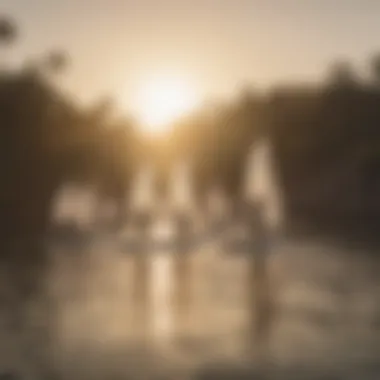 Group of paddleboarders with sails enjoying sunrise