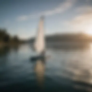 Paddleboarding with a sail on a serene lake