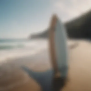 A serene beach scene showcasing powered surfboards in use