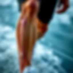 A close-up of calf muscles showing tension during physical activity