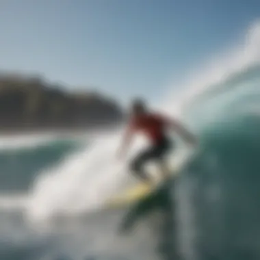 An instructor teaching surfing techniques in a picturesque ocean setting