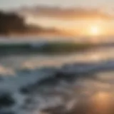 A stunning surf landscape at dawn with waves crashing on the shore