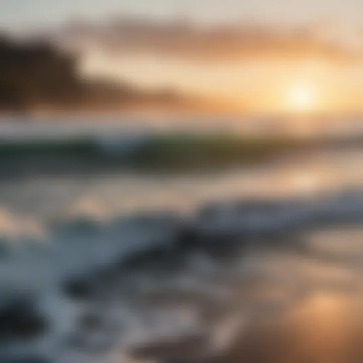 A stunning surf landscape at dawn with waves crashing on the shore