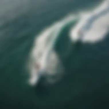 An aerial view of surfers riding waves with the Quest Cruiser Board in action.