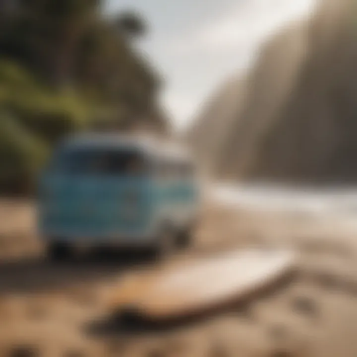 A serene beach scene with the Quest Cruiser Board resting on the sand, embodying surf culture.