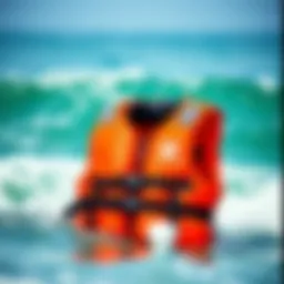 A vibrant quick inflate life vest displayed in a surf environment