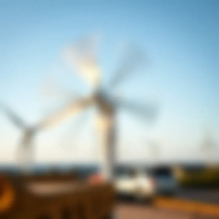 Harnessing Coastal Winds for Sustainable Energy A close-up of a rooftop wind turbine spinning in the coastal breeze