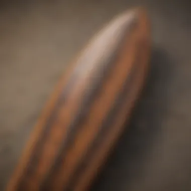 Close-up of Rusty Blackbird surfboard showcasing unique design elements