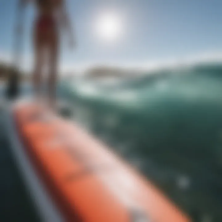 Close-up of an inflatable paddle board displaying its design and features