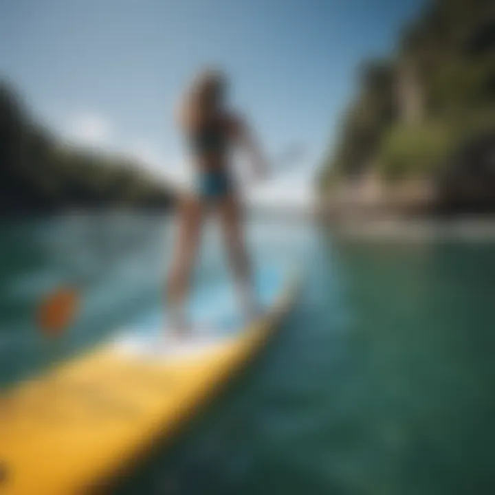 An individual enjoying a paddle boarding experience on an inflatable board