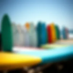 A vibrant display of various soft top surfboards on a beach