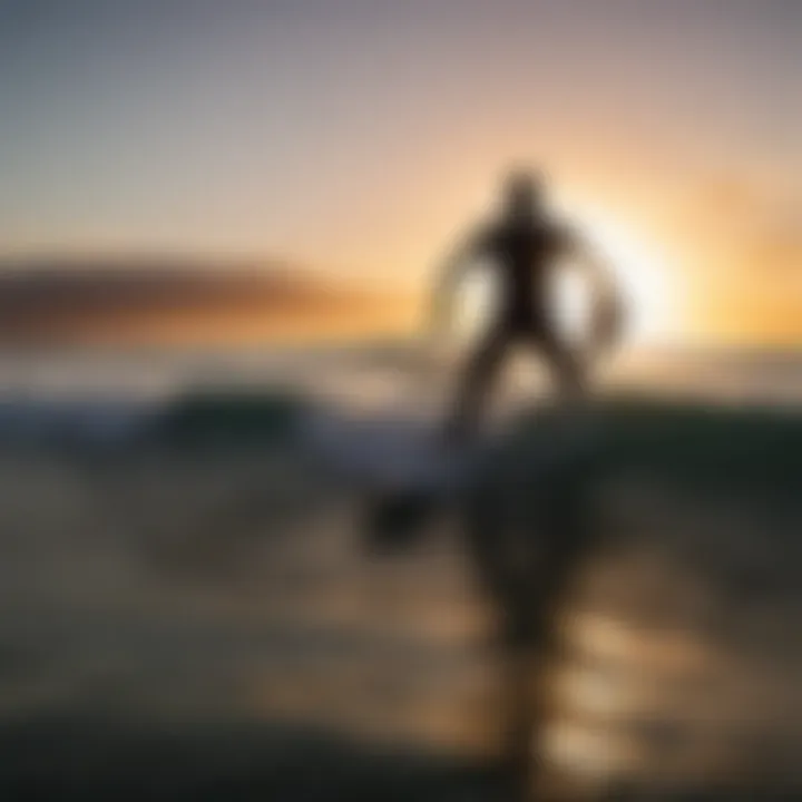 A vibrant sunset silhouette of a stand-up boogie boarder on the waves