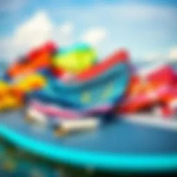 A collection of vibrant boardshorts displayed on a surfboard.