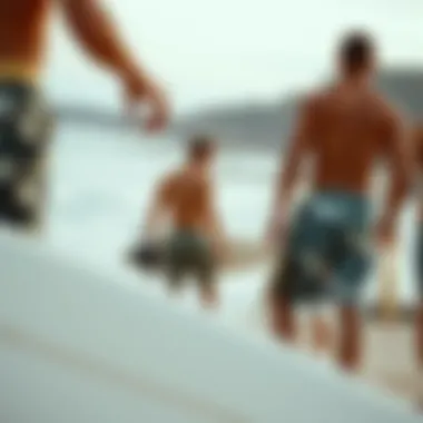 Surf Culture and Fashion A scenic beach view showcasing surfers sporting trendy boardshorts.