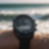 Close-up of a surf GPS watch displaying wave data