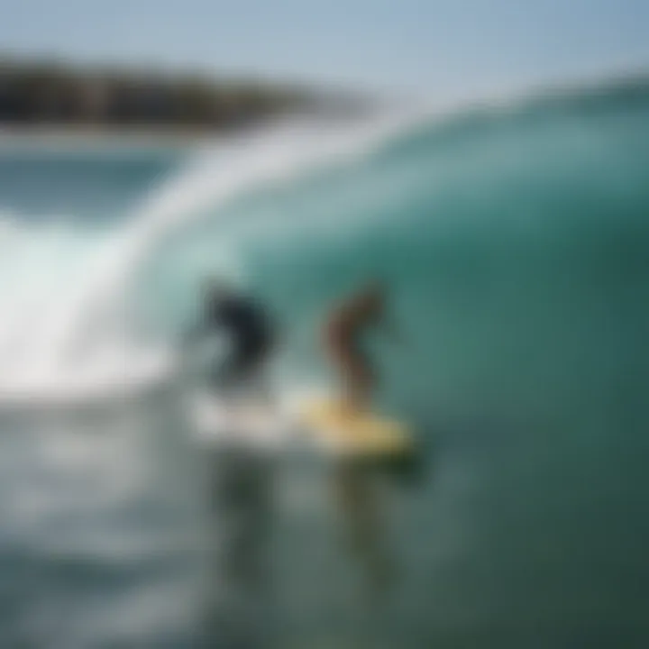 Surf instructor guiding a beginner on the waves