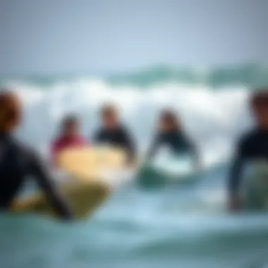 Group of surfers in a lesson at a popular surf spot