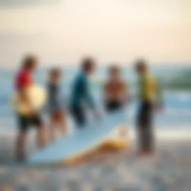 A surf instructor demonstrating techniques to students on the beach