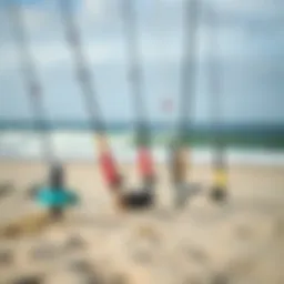 Different styles of surf rod holders on a sandy beach