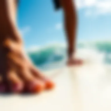 Balance and Precision on the Board A close-up of a surfer's feet on a surfboard