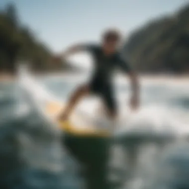 A dynamic skimboarder gliding over the water's surface