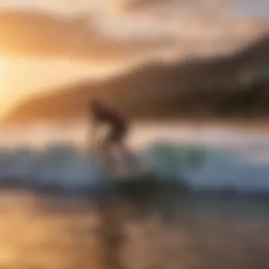 A vibrant sunset illuminating a popular skimboarding location