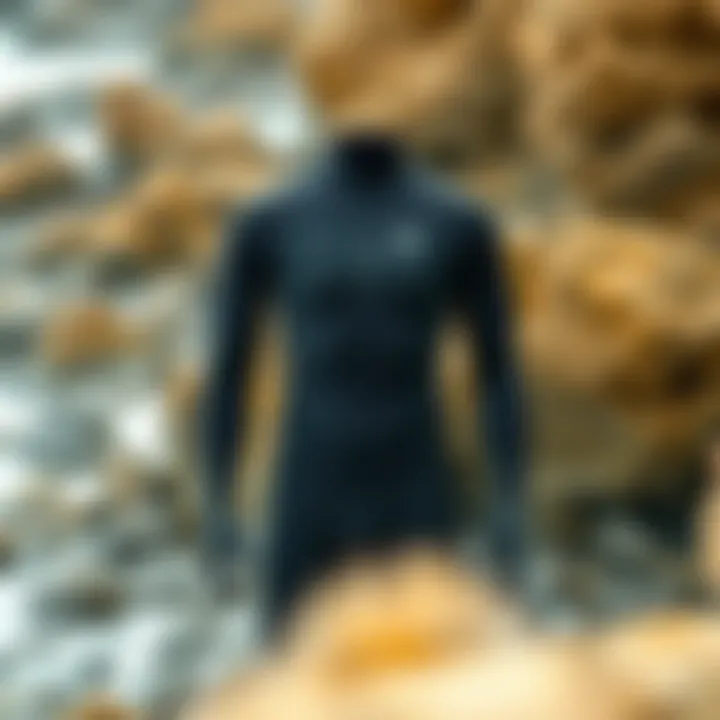A high-performance surf wetsuit displayed on a rocky beach