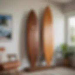 Stylish wooden surfboard display rack showcasing surfboards in a modern living room