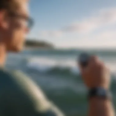 Surfer checking the Nixon Tide Watch before hitting the waves