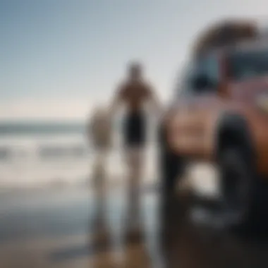 Surfer loading surfboard onto Toyota Tacoma rack