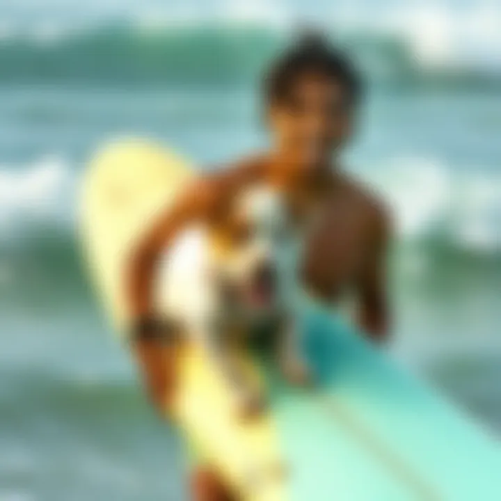 Playful Interactions: Surfing Life with a Puppy A surfer carrying a surfboard and playing with a playful puppy
