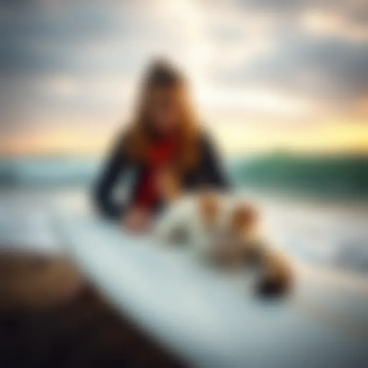 Tranquil Times: Surfer and Cat by the Ocean A serene moment of a surfer relaxing on the beach with their cat