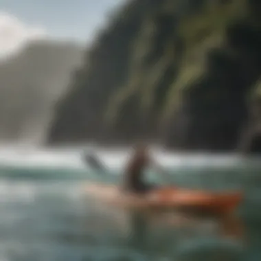 A scenic view of a surfer using a foldable kayak in diverse water conditions