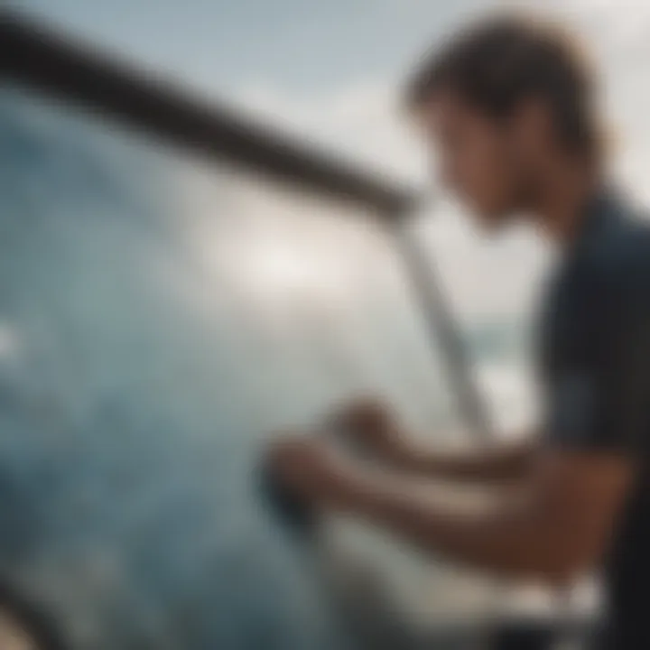 A surfer analyzing weather data on the Ventusky map before hitting the waves.