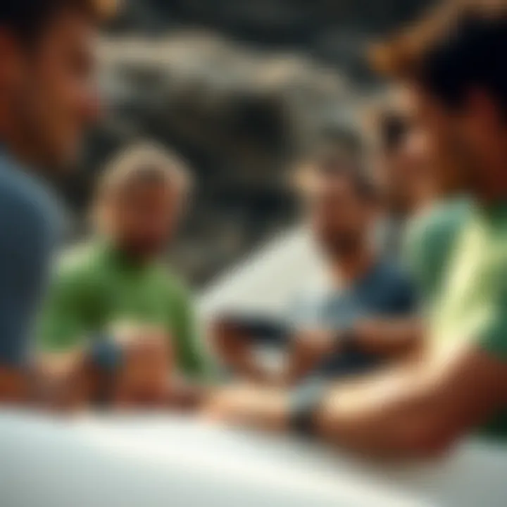 Community of Surfers Engaging with Technology Group of surfers discussing while wearing Surfline Watches