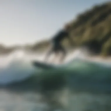 A surfer practicing techniques on a wakesurf practice board in a serene water setting