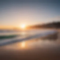 A vibrant sunrise over Bondi Beach with surfers preparing for the day.