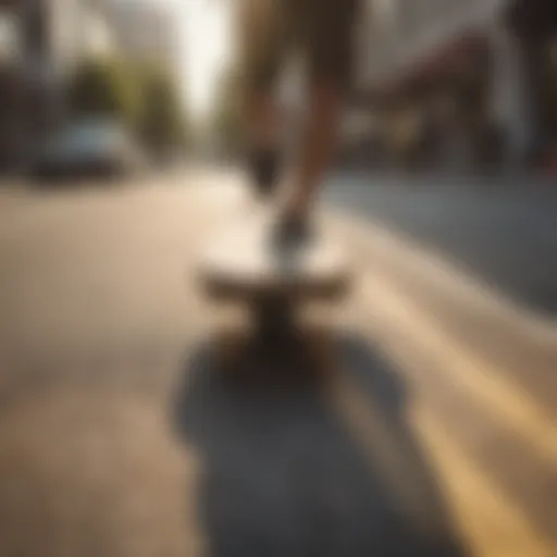 A sleek longboard gliding over a sunlit pavement