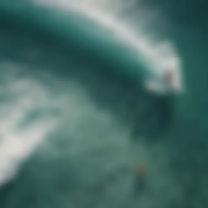 Aerial view of surfers navigating a coral reef break