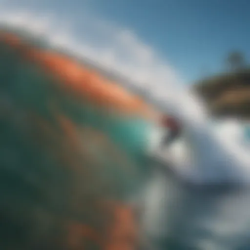 Surfer performing a coral cut maneuver on a vibrant wave