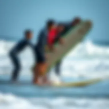 Surfers Collaborating on Ollie Techniques Group of surfers practicing ollies on the beach