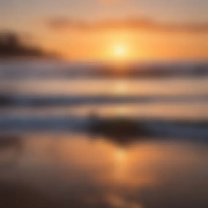 Vibrant sunset over Pacific Beach, with surfers silhouetted against the horizon.