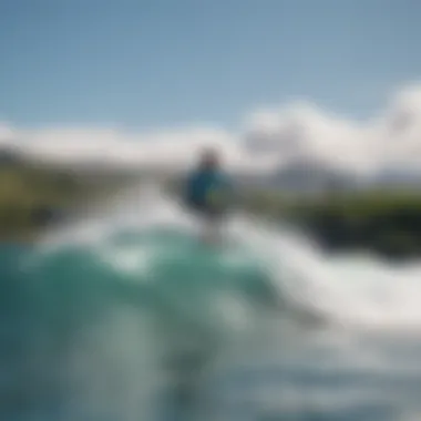 A vibrant surf school with beginners learning to ride the waves