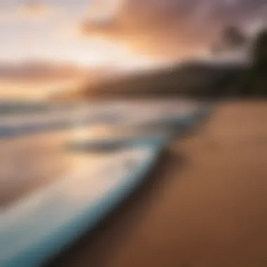 Surfboards lined up on the sand with a beautiful Maui sunset