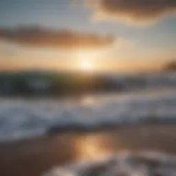 A tranquil beach at sunset with gentle waves lapping at the shore