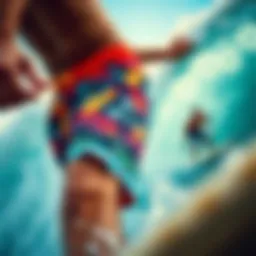 Dynamic surf scene showcasing vibrant stretch boardshorts in action
