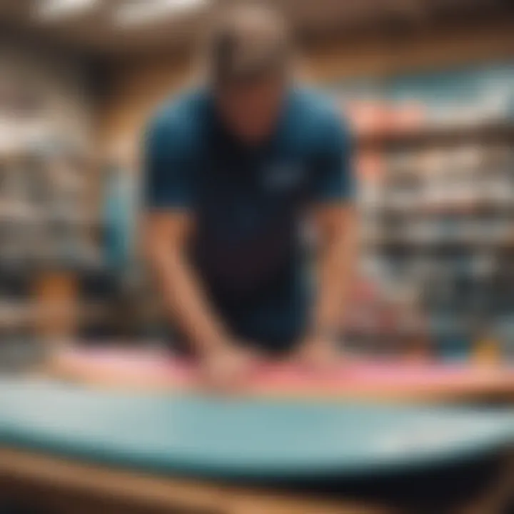 A surfer selecting the right surf pad in a vibrant shop setting.