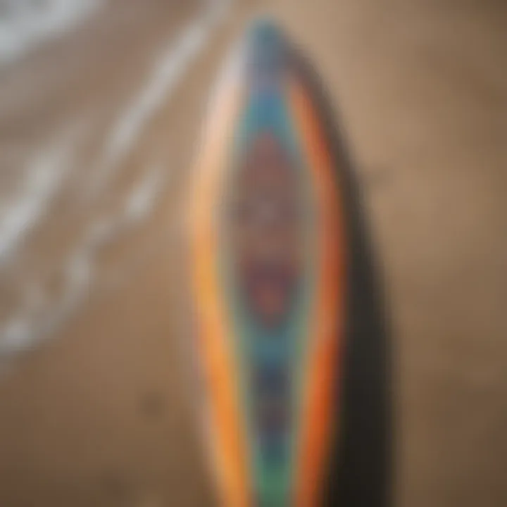 Artistic surfboard design featuring vibrant colors and patterns