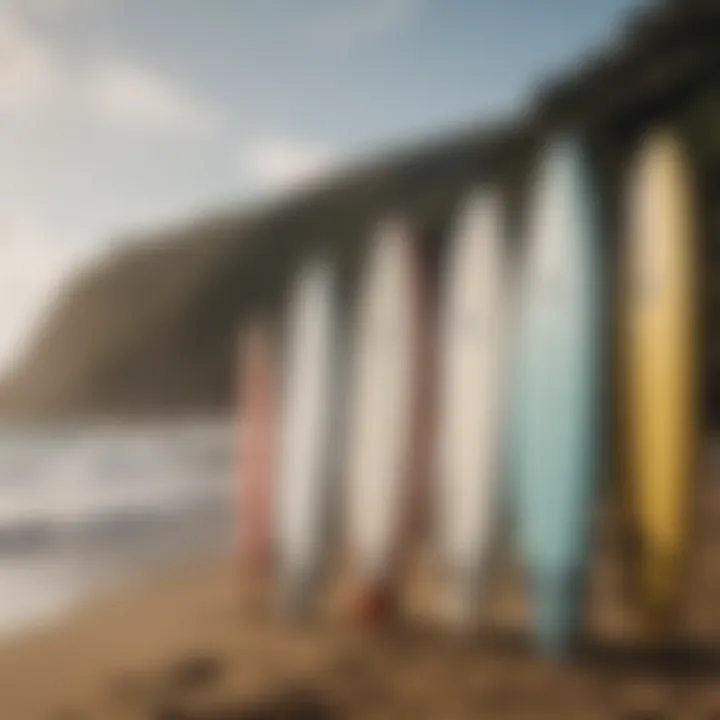 Surfboards lined up against a beautiful seaside backdrop